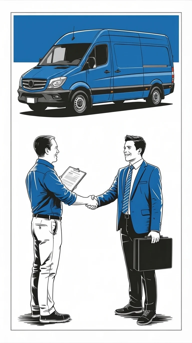 Illustration of a team leader shaking hands with a delivery employee