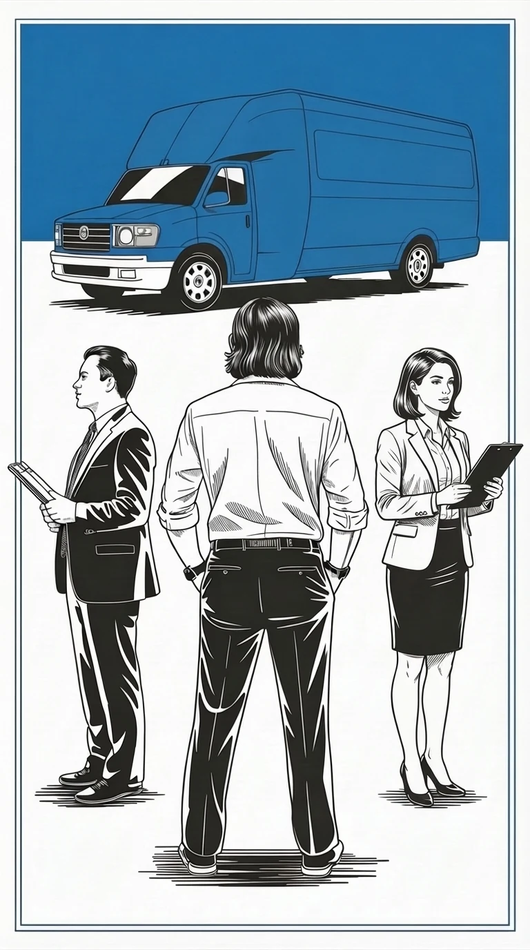 Illustration of logistics teammates standing beneath a blue delivery van